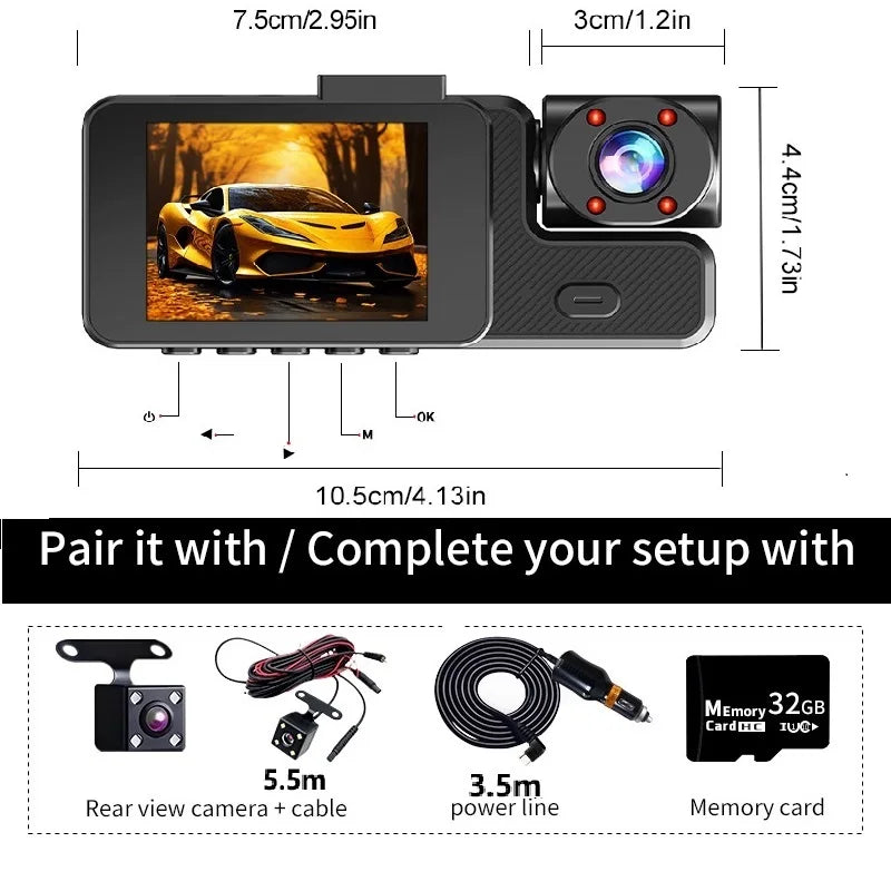 Dash Cam 5MP Car DVR Mini Camera Cars  Vehicle Recorder 3 Lenses Dashcam Video Front Rear Camera Night Vision Continuour Loop Vi