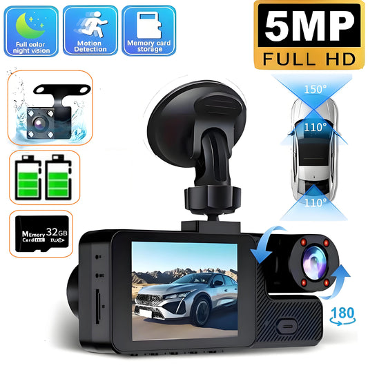Dash Cam 5MP Car DVR Mini Camera Cars  Vehicle Recorder 3 Lenses Dashcam Video Front Rear Camera Night Vision Continuour Loop Vi